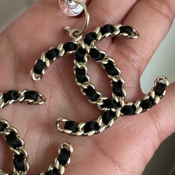 Chanel CC Chain Dangle Earrings Gold and Satin - Picture 7 of 16